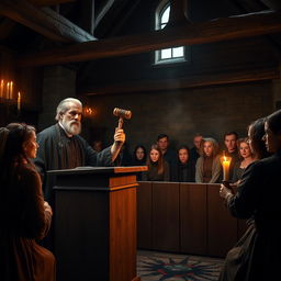 A historic witch trial courtroom scene, featuring a judge in traditional robes presiding over the court, with an intense expression and an old-fashioned gavel raised