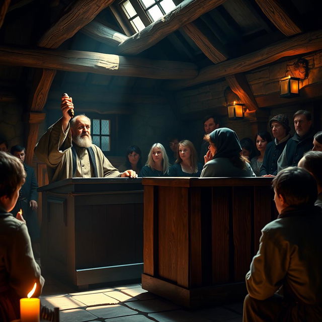 A historic witch trial courtroom scene, featuring a judge in traditional robes presiding over the court, with an intense expression and an old-fashioned gavel raised