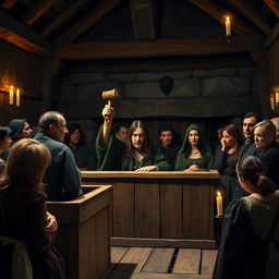 A historic witch trial courtroom scene, featuring a judge in traditional robes presiding over the court, with an intense expression and an old-fashioned gavel raised