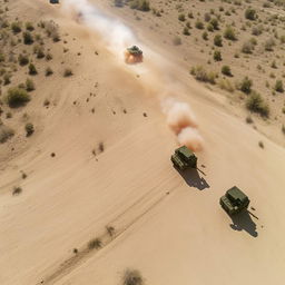 drone hot of 2 armored vehicles on a one-lane freeway followed by 10 combatants in military fatigue, armed with assault rifles, missile launcher and radio