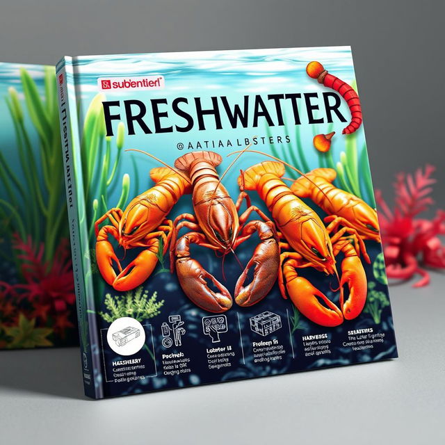 A captivating book cover design illustrating the process of freshwater lobster cultivation