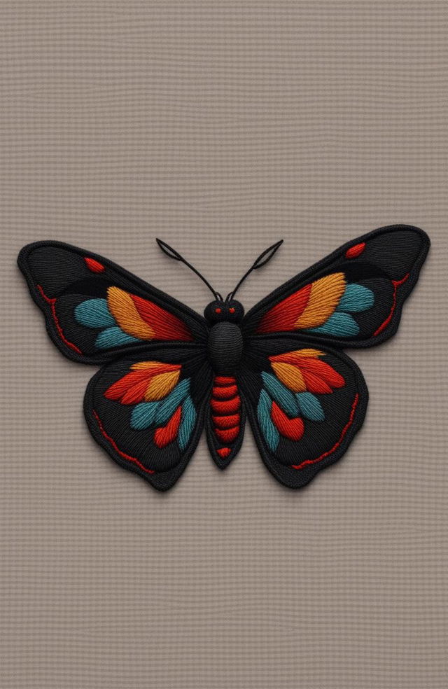 This is a 32k HD photograph of a wool fabric featuring a butterfly logo embroidery