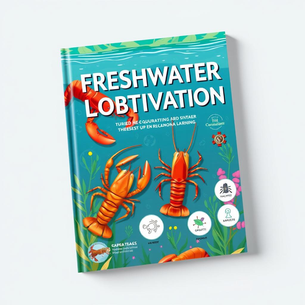 A captivating book cover design illustrating the process of freshwater lobster cultivation