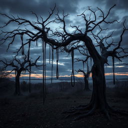 A haunting landscape featuring a series of gnarled hanging trees, their branches twisted and elongated, draped with weathered ropes