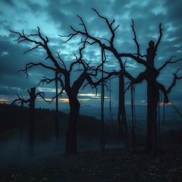 A haunting landscape featuring a series of gnarled hanging trees, their branches twisted and elongated, draped with weathered ropes