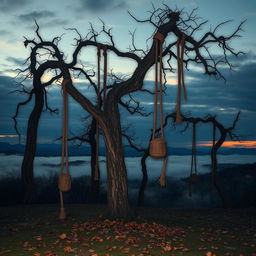 A haunting landscape featuring a series of gnarled hanging trees, their branches twisted and elongated, draped with weathered ropes