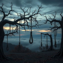 A haunting landscape featuring a series of gnarled hanging trees, their branches twisted and elongated, draped with weathered ropes
