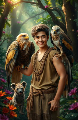 A young man in a magical forest, surrounded by vibrant, mystical flora and enchanting light filtering through the trees