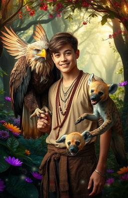 A young man in a magical forest, surrounded by vibrant, mystical flora and enchanting light filtering through the trees