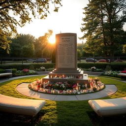 A serene memorial dedicated to the victims of historic injustices, featuring a beautifully landscaped garden with well-tended flowers and greenery