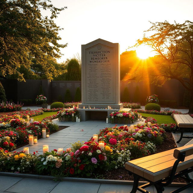 A serene memorial dedicated to the victims of historic injustices, featuring a beautifully landscaped garden with well-tended flowers and greenery