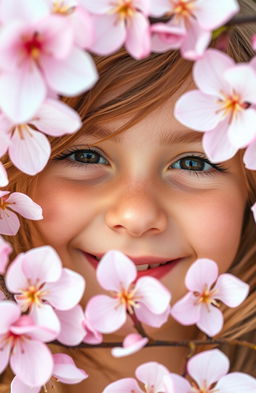 A close-up of a girl's face featuring a gentle smile, surrounded by delicate blossoms in soft pastel colors