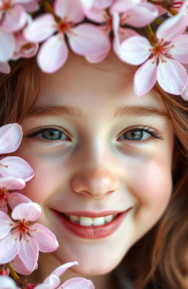 A close-up of a girl's face featuring a gentle smile, surrounded by delicate blossoms in soft pastel colors