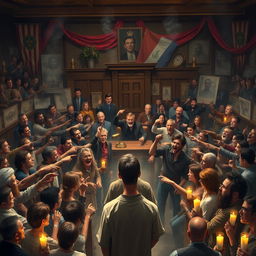 A chaotic courtroom scene set in a once quiet town, filled with frantic energy and palpable fear