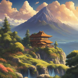 A high-definition digital art image depicting a mesmerizing Studio Ghibli-style landscape