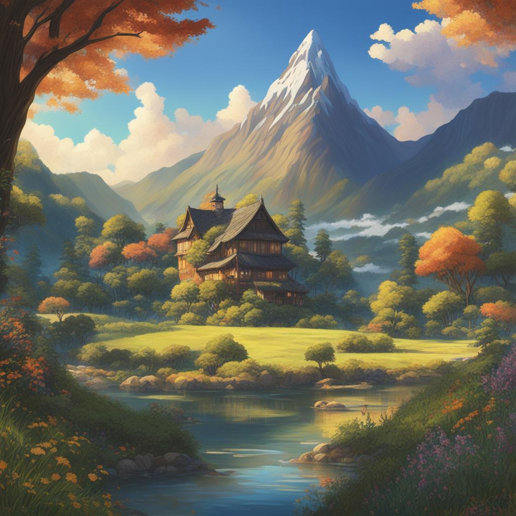 A high-definition digital art image depicting a mesmerizing Studio Ghibli-style landscape