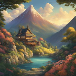 A high-definition digital art image depicting a mesmerizing Studio Ghibli-style landscape