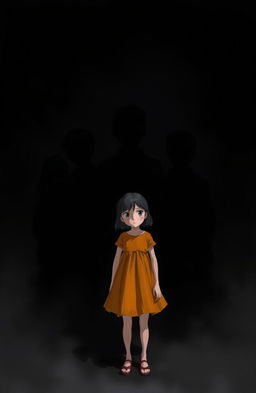 A mysterious scene featuring five shadowy figures of boys, their outlines barely discernible against a dark background, while a single girl stands out vividly in the foreground