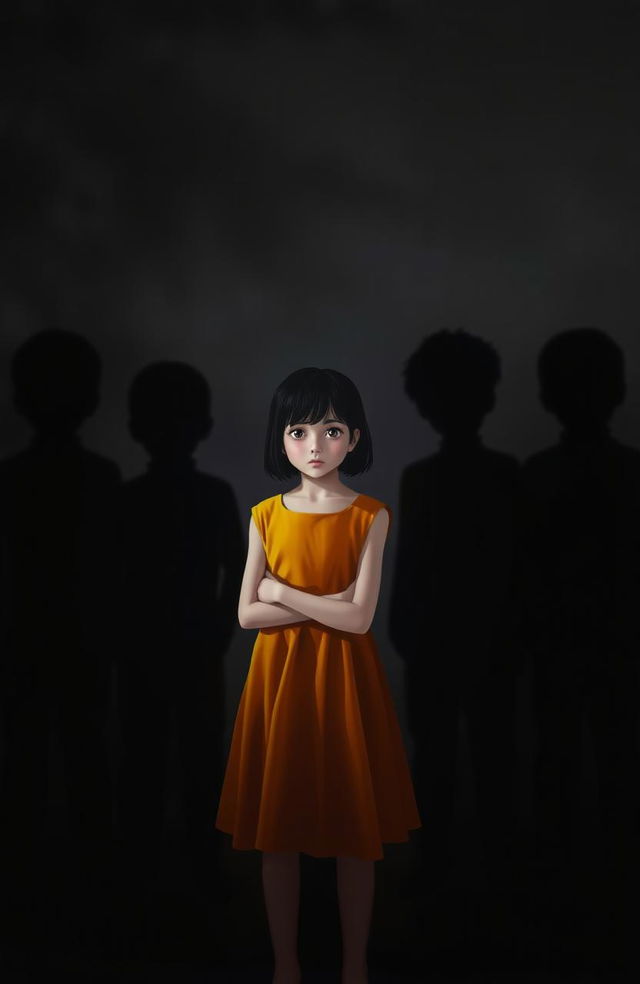 A mysterious scene featuring five shadowy figures of boys, their outlines barely discernible against a dark background, while a single girl stands out vividly in the foreground