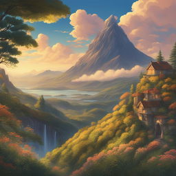 A high-definition digital art image depicting a mesmerizing Studio Ghibli-style landscape