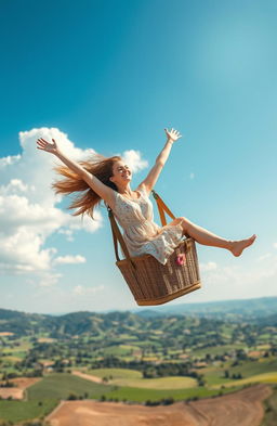 A vibrant scene depicting a woman in her twenties joyfully flying in a hot air balloon