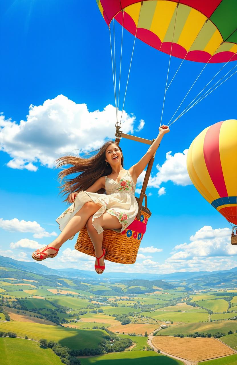 A vibrant scene depicting a woman in her twenties joyfully flying in a hot air balloon