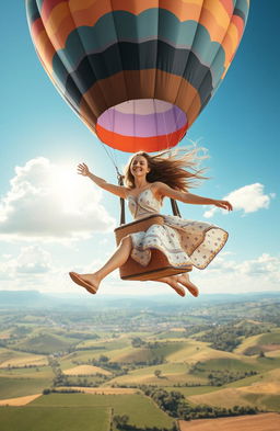 A vibrant scene depicting a woman in her twenties joyfully flying in a hot air balloon