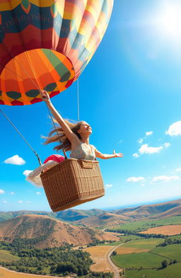 A vibrant scene depicting a woman in her twenties joyfully flying in a hot air balloon