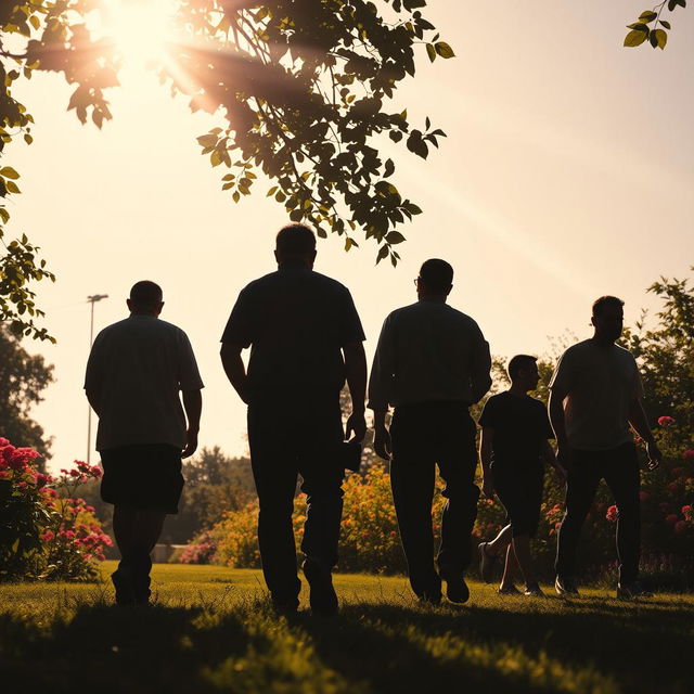 Five men and one woman walking into a garden, their figures silhouetted against the bright sun