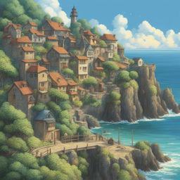 An intricate, high-definition digital art image of a charming seaside town in the distinctive style of Studio Ghibli