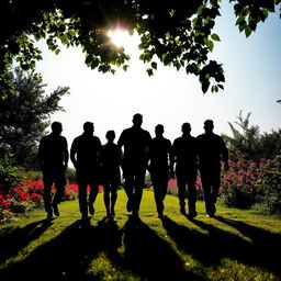 Five men and one woman walking into a garden, their figures silhouetted against the bright sun