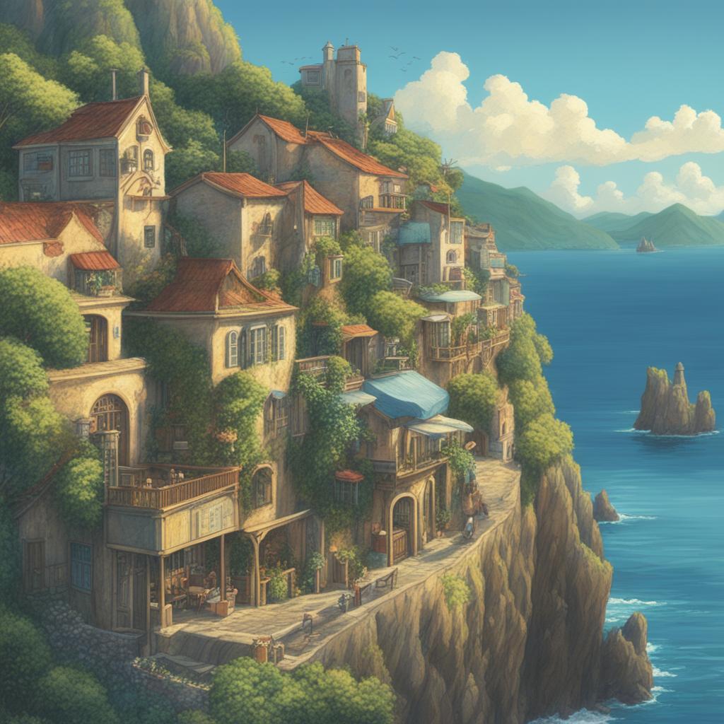 An intricate, high-definition digital art image of a charming seaside town in the distinctive style of Studio Ghibli