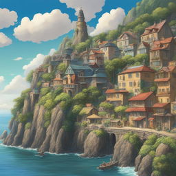 An intricate, high-definition digital art image of a charming seaside town in the distinctive style of Studio Ghibli