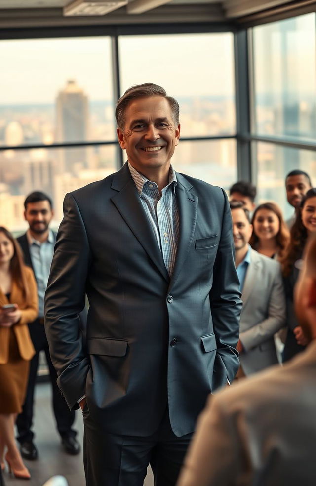 A powerful and inspirational scene showcasing a charismatic leader standing confidently in front of a diverse group of people in a modern office environment