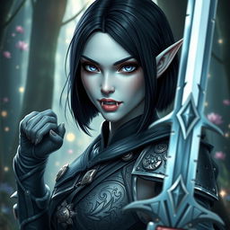 A stunning elf girl with white skin, striking violet eyes, and sleek black bobbed hair