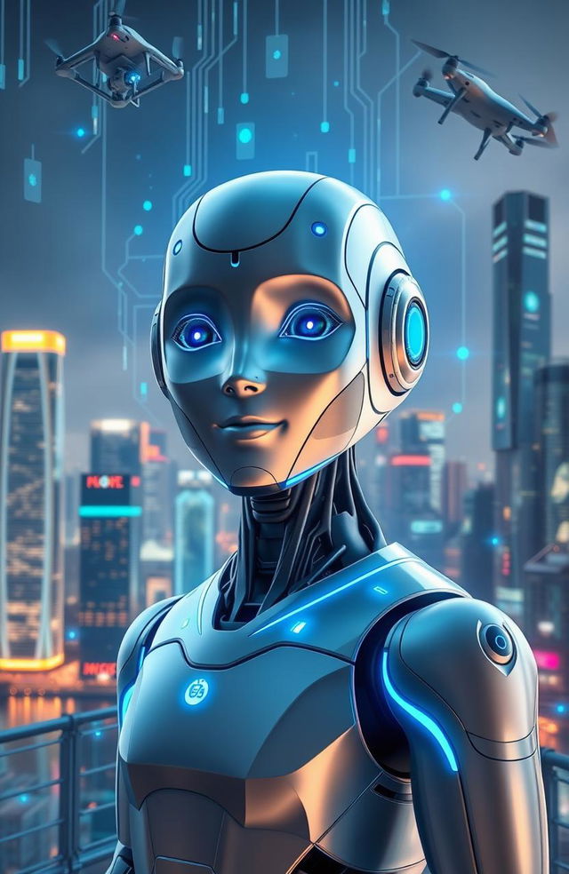 A futuristic representation of artificial intelligence, showcasing a humanoid robot with a sleek design, illuminated with blue and silver lights