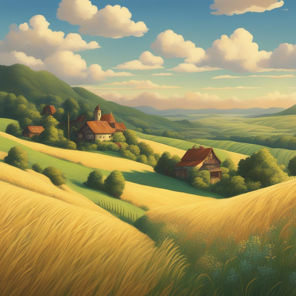 A high-definition digital art image depicting a tranquil countryside in the unique style of Studio Ghibli