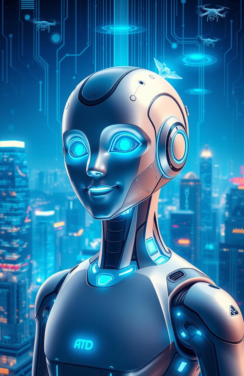 A futuristic representation of artificial intelligence, showcasing a humanoid robot with a sleek design, illuminated with blue and silver lights