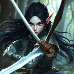 A captivating elf girl with pristine white skin, vibrant violet eyes, and flowing black hair