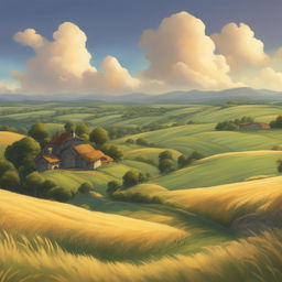 A high-definition digital art image depicting a tranquil countryside in the unique style of Studio Ghibli