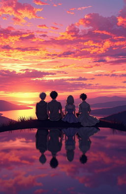 Five men and one girl sitting together on a hilltop, watching a breathtaking sunset