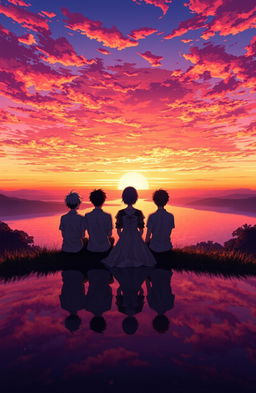 Five men and one girl sitting together on a hilltop, watching a breathtaking sunset