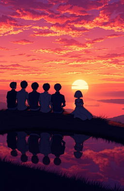 Five men and one girl sitting together on a hilltop, watching a breathtaking sunset