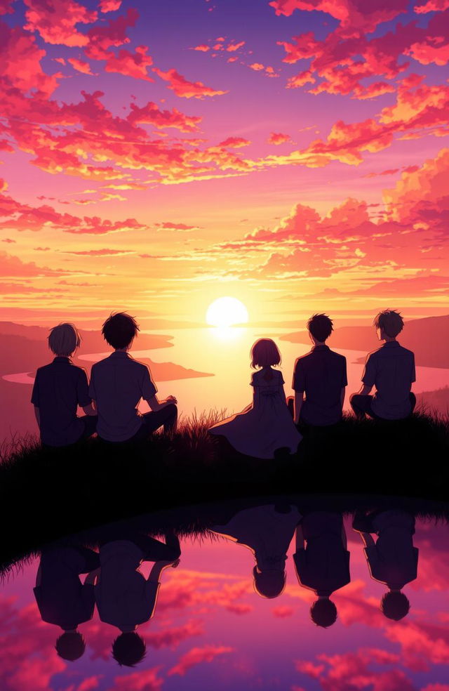 Five men and one girl sitting together on a hilltop, watching a breathtaking sunset