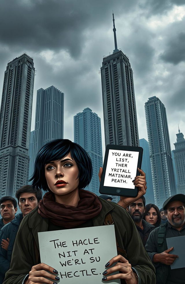 A dystopian cityscape, showcasing towering, crumbling skyscrapers under a dark, overcast sky, symbolizing a world of political turmoil and oppression