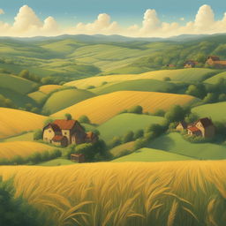 A high-definition digital art image depicting a tranquil countryside in the unique style of Studio Ghibli