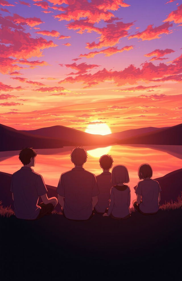 A scene depicting five men and one woman sitting together, gazing at a beautiful sunset