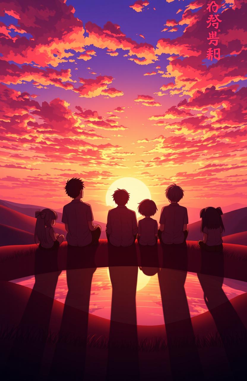 A scene depicting five men and one woman sitting together, gazing at a beautiful sunset