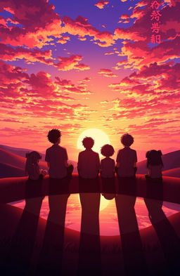 A scene depicting five men and one woman sitting together, gazing at a beautiful sunset