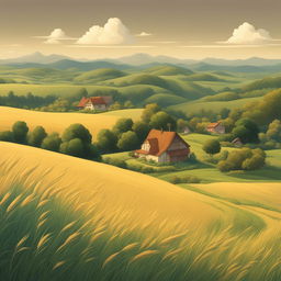 A high-definition digital art image depicting a tranquil countryside in the unique style of Studio Ghibli